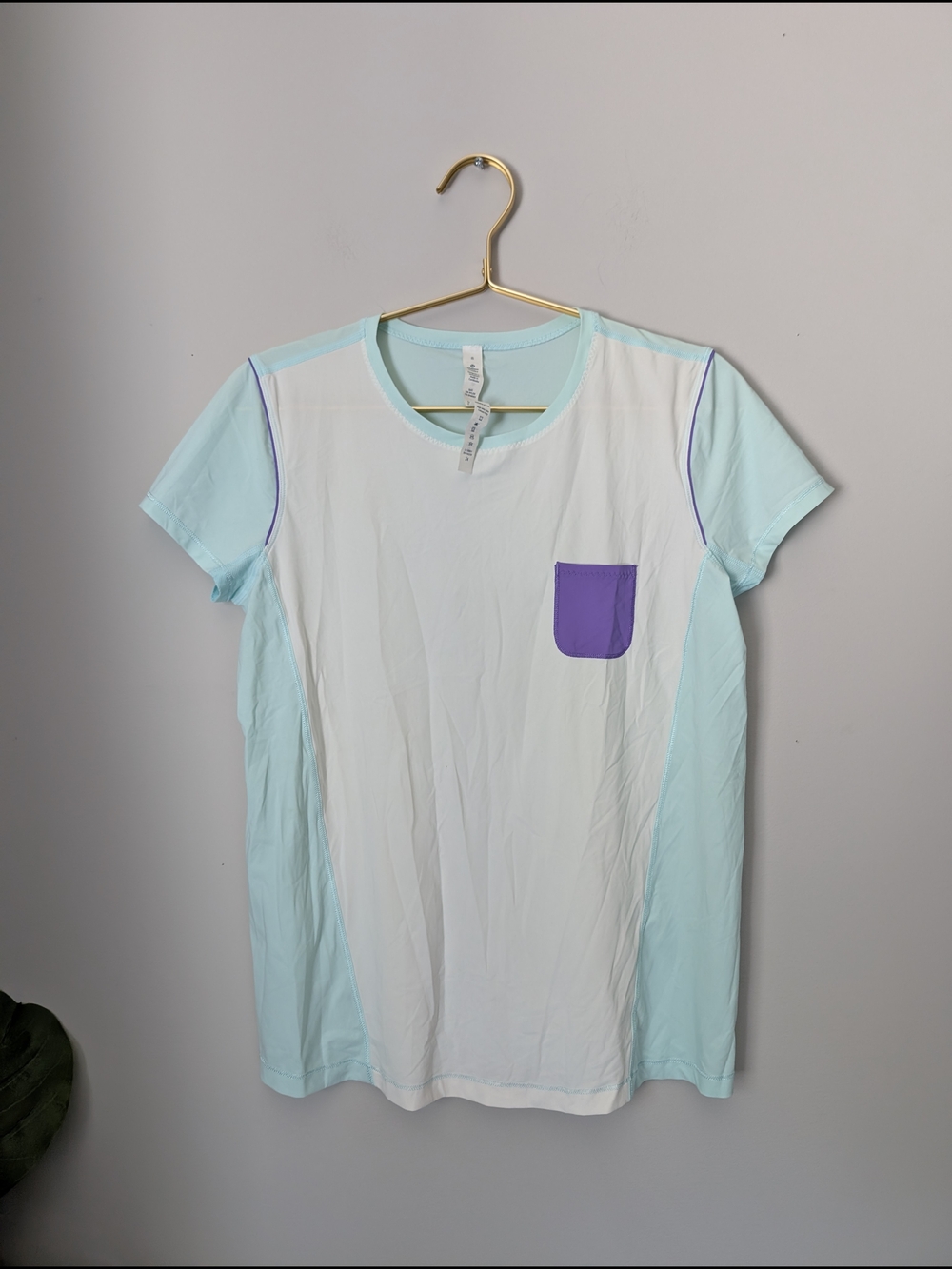 Lululemon White & Light Blue Tee with Purple Pocket